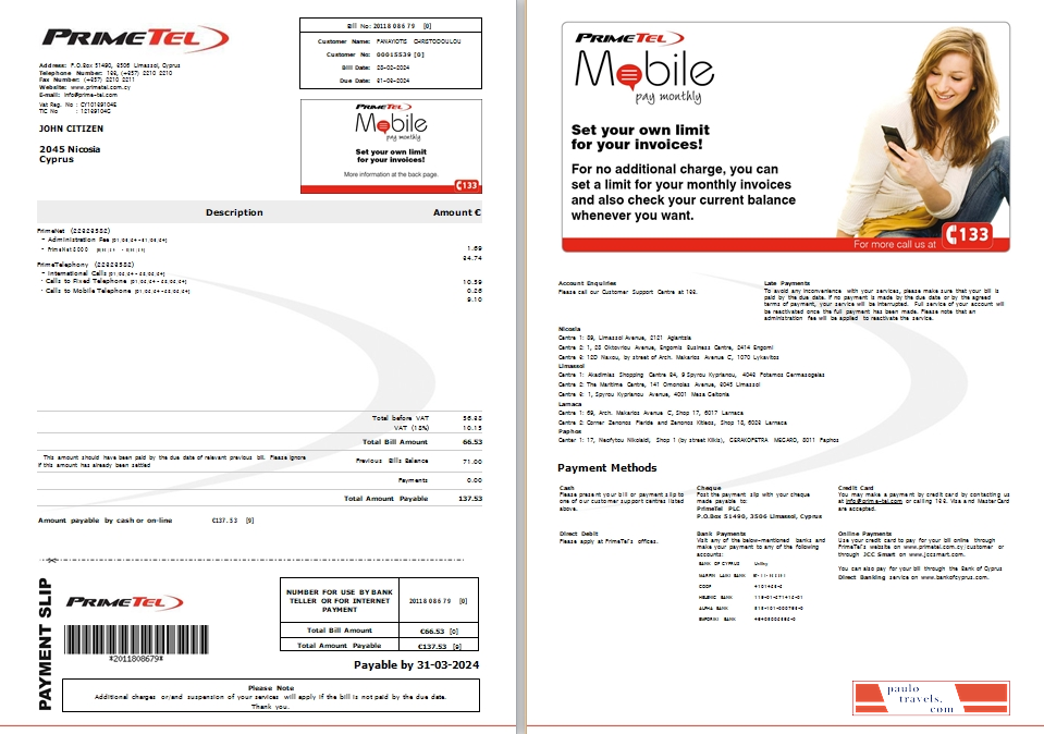 Cyprus Primetel utility bill, 2 pages